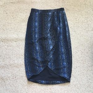 blue snake print wrap-style midi skirt